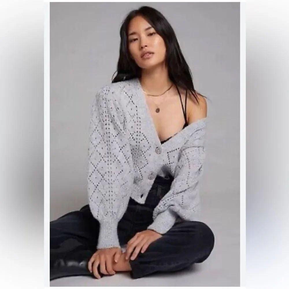 Anthropologie Maeve Pointelle Chunky Knit Cardigan Grey Rhinestone Button